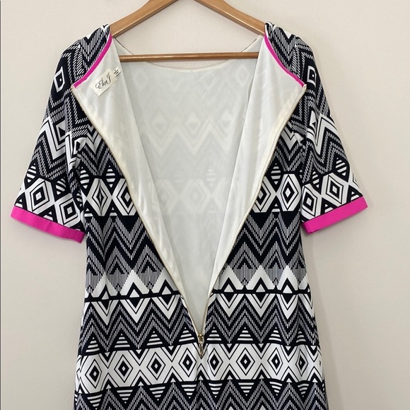 Eliza J Geometric Patterned Dress with Pink Accents 3/4 Sleeve Zipper Back Sz 10 - Picture 7 of 10